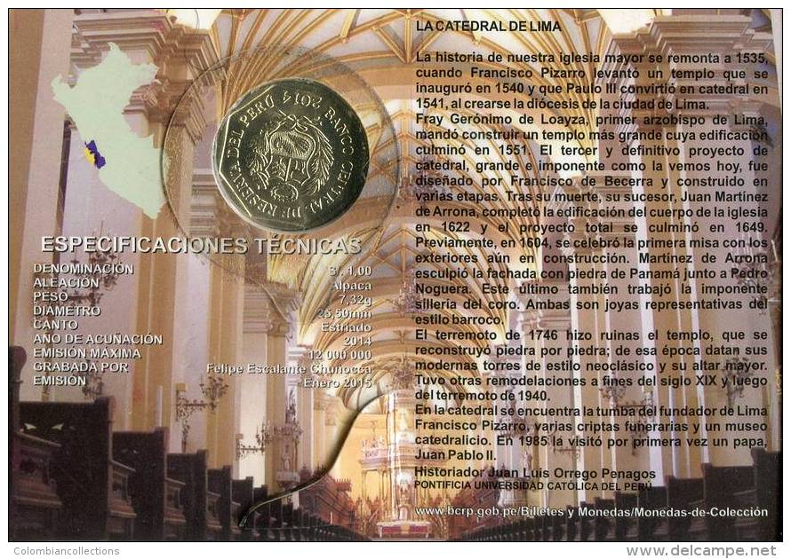 Lote PM2014-4, Peru, 2014, Moneda, Coin, Folder, 1 N Sol, Catedral De Lima, Cathedral - Perú