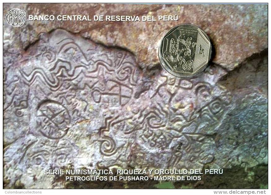 Lote PM2015-1, Peru, 2015, Moneda, Coin, Folder, 1 N Sol, Petroglifos De Pusharo, Indigenous Theme - Pérou