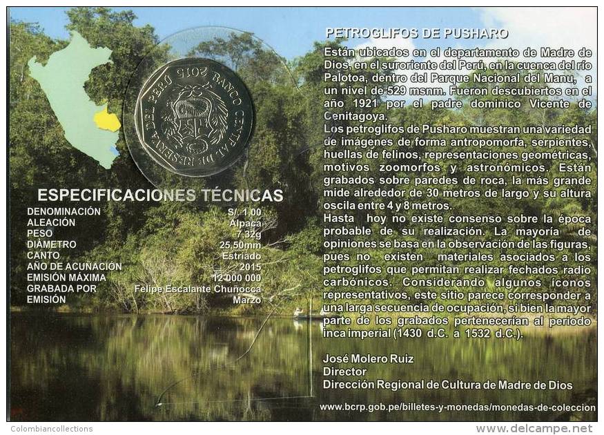 Lote PM2015-1, Peru, 2015, Moneda, Coin, Folder, 1 N Sol, Petroglifos De Pusharo, Indigenous Theme - Pérou