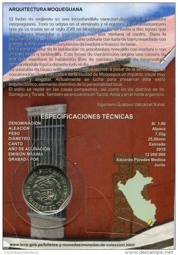 Lote PM2015-2, Peru, 2015, Moneda, Coin, Folder, 1 N Sol, Arquitectura Moqueguana, Architecture - Peru