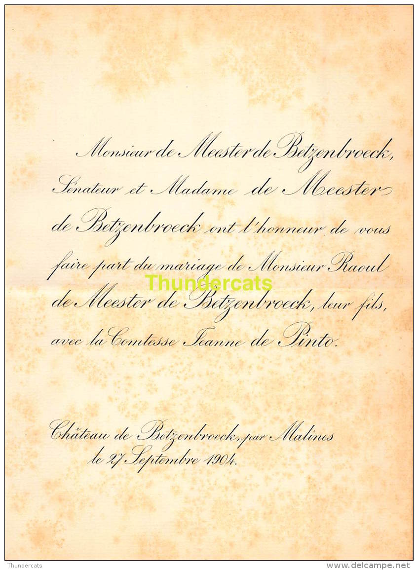 FAIRE PART MARIAGE DE MEESTER DE BETZENBROECK RAOUL COMTESSE JEANNE DE PINTO MALINES 1904 - Mariage