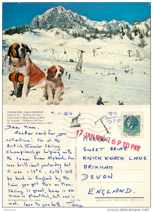 Ski Lift, Courmayeur, Val D'Aosta , Italy Postcard Posted 1980 Stamp + Postage Due Markings - Aosta