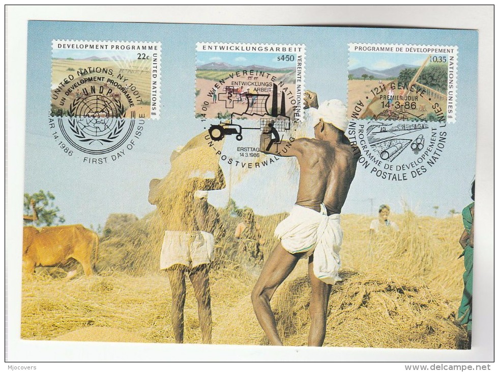 1986 UN - JOINT ISSUE FDC (Maximum Card) GENEVE - NY - VIENNA Stamps UNDP United Nations Cover Agriculture Logging Tree - Joint Issues