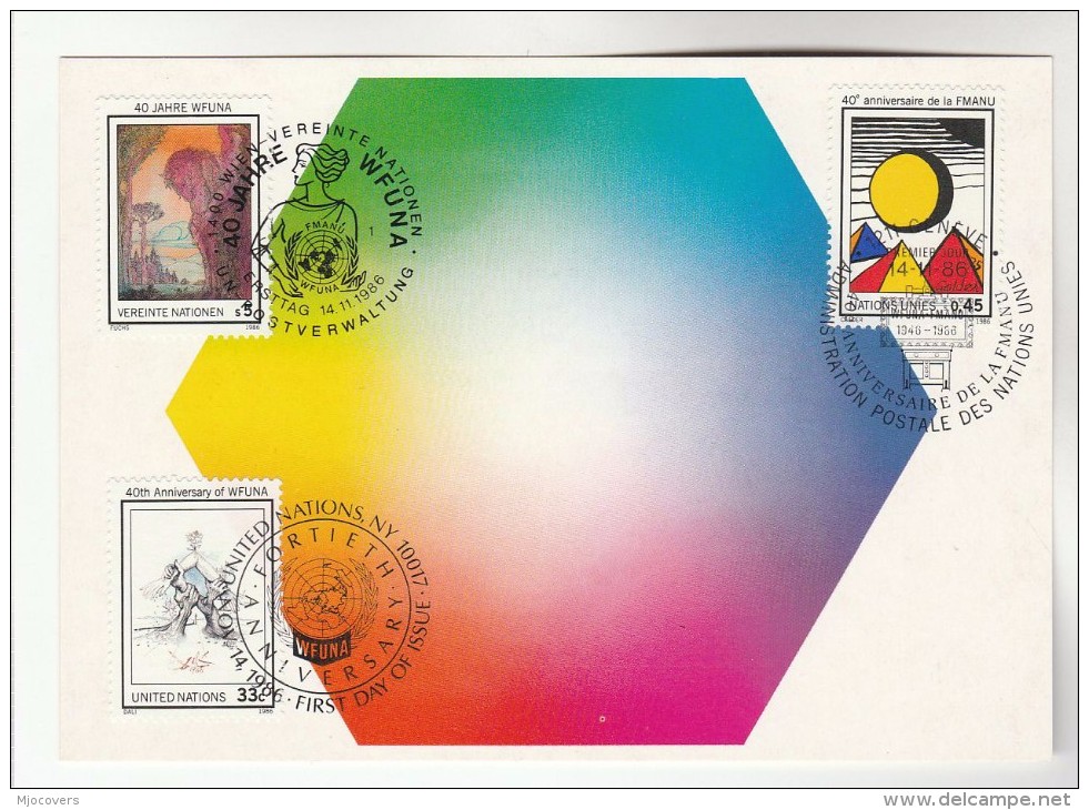 1986 UN - JOINT ISSUE FDC (Maximum Card) GENEVE - NY - VIENNA Stamps  WFUNA United Nations Cover Art - Emisiones Comunes