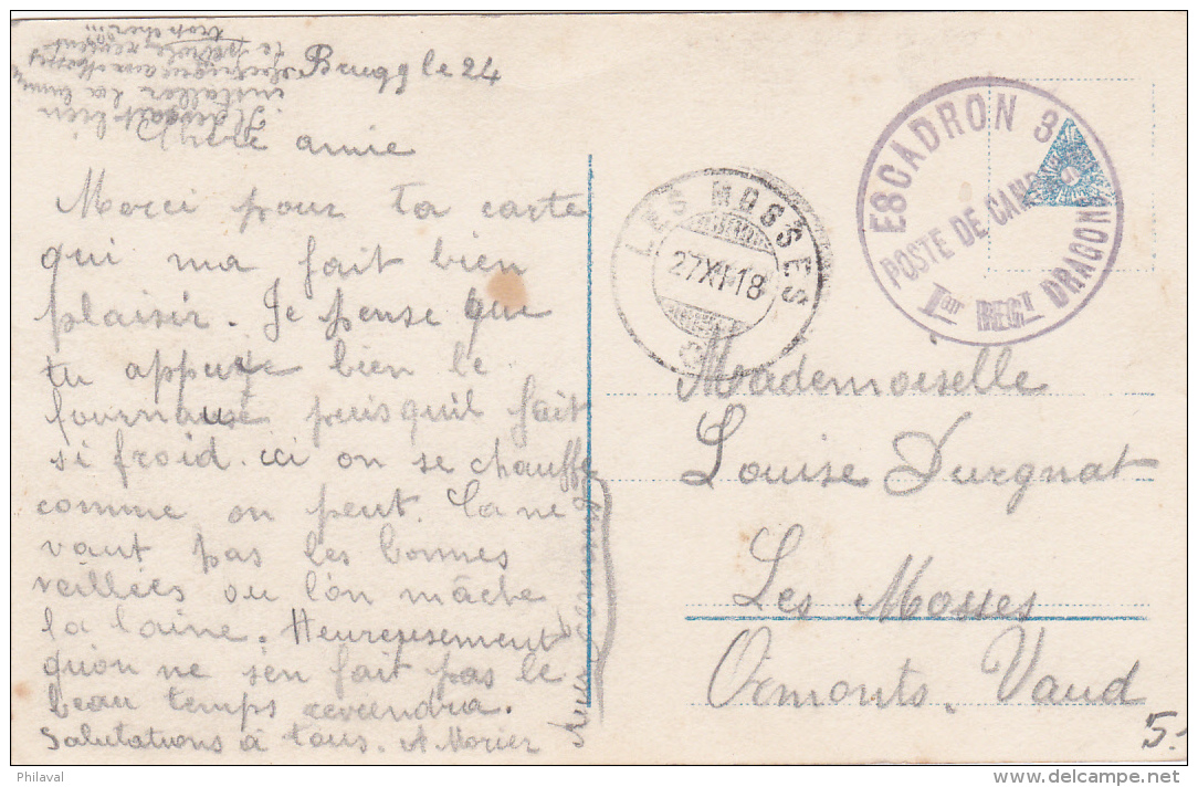 Oblitération Militaire Sur Carte Postale Fantaisie D'amoureux : Escadron 1er Rgt.Dragons - Postmarks