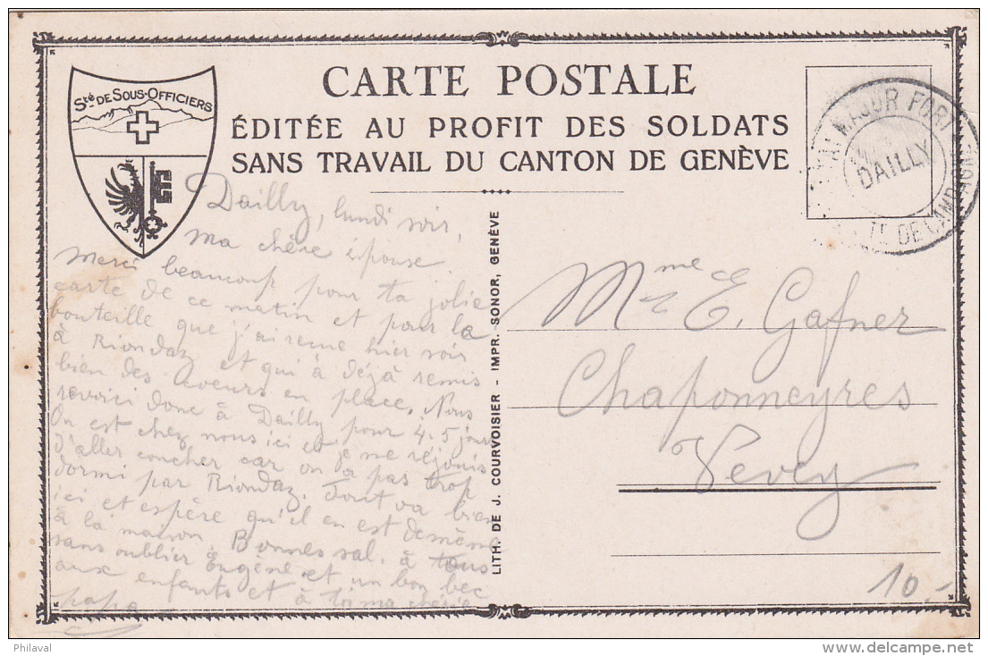 Oblitération Militaire Sur Carte Postale éditée Au Profit Des Soldats Sans Travail De Genève : Dailly - Oblitérations