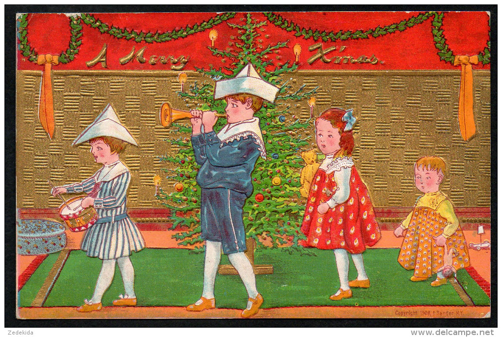 5247 - Alte Gold Präge Glückwunschkarte - Weihnachten - Kinder Tannebaum - 1908 Sander NY - Autres & Non Classés