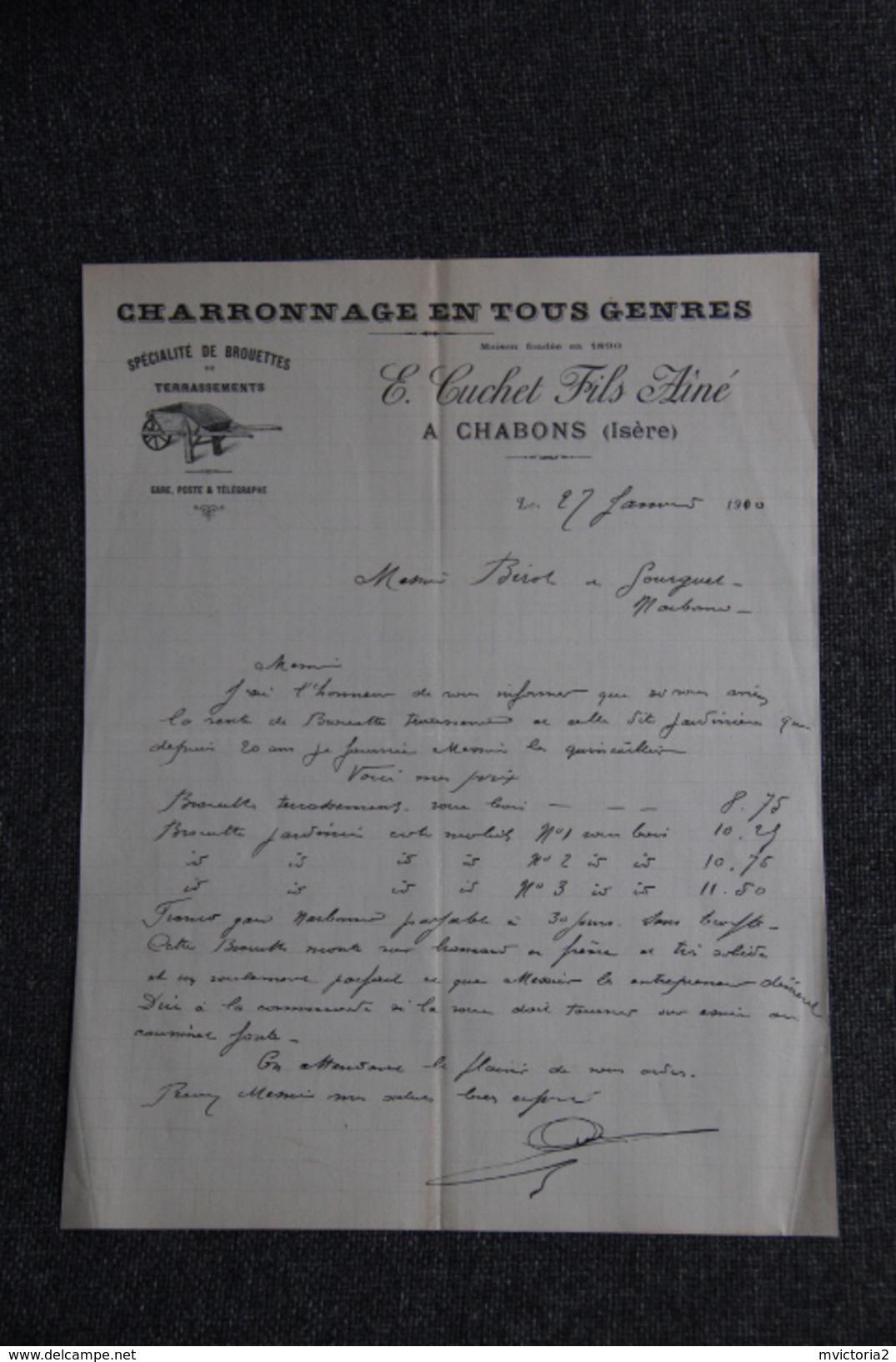 Lettre Ancienne Publicitaire, CHABONS - Charronnage En Tous Genres, E.CUCHET Fils Ainé. - 1900 – 1949