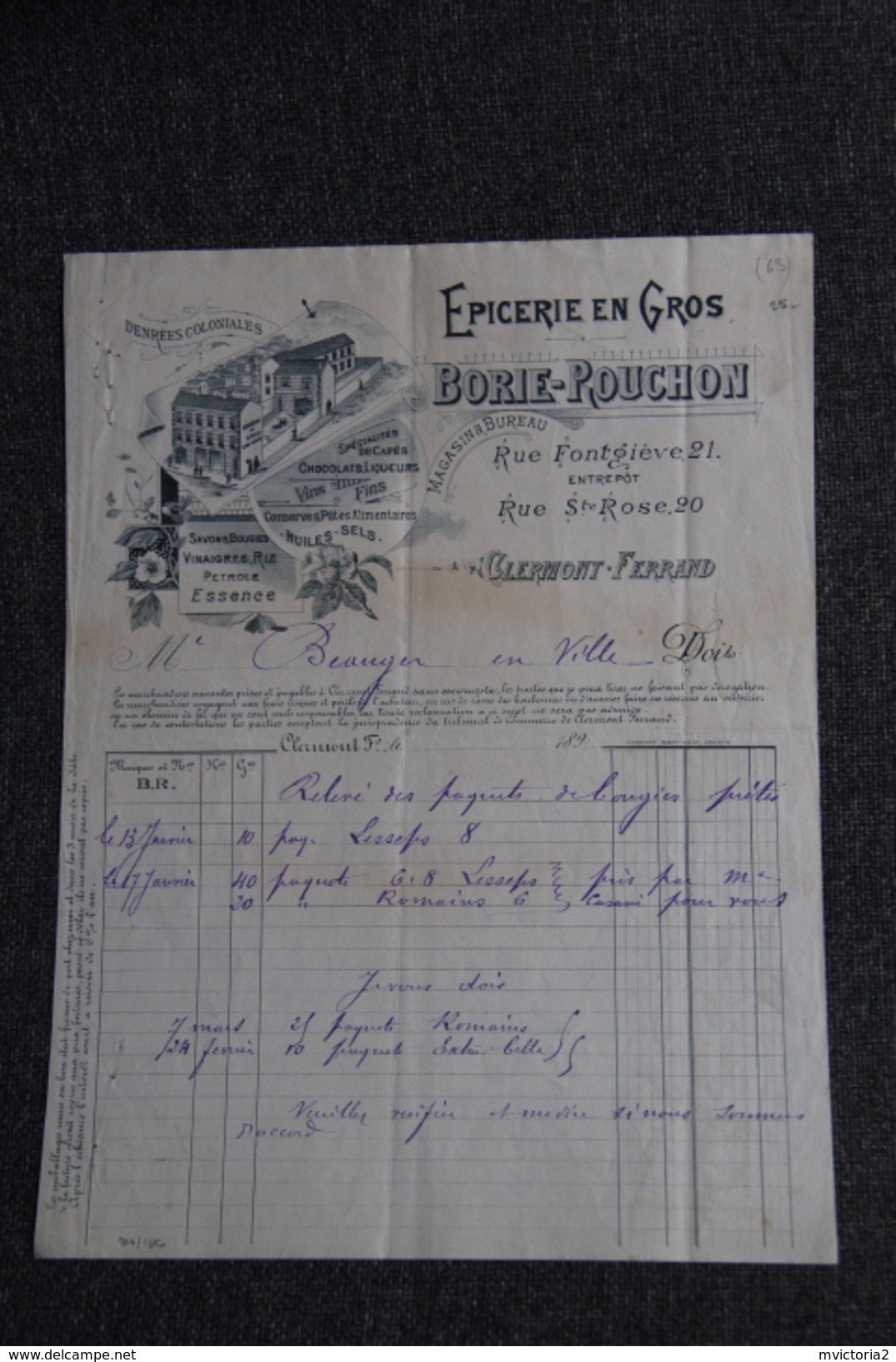 Facture Ancienne Publicitaire , CLERMOND FERRAND - Epicerie En Gros BORIE - ROUCHON. - 1800 – 1899