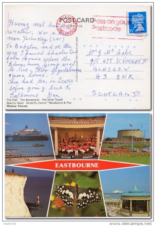 1990 UK Great Britain Postcard Multiview Eastbourne Posted To Scotland Slogan - Lettres & Documents