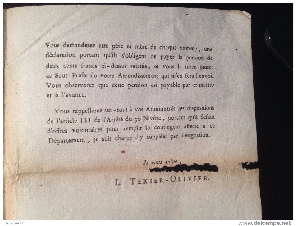 LETTRE DE Mr LE PRÉFET DE LA HTE VIENNE AUX MAIRES,AN 12,POUR LE RECRUTEMENT DE CONSCRITS - Historische Documenten