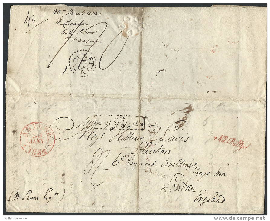 L ANVERS/1832 Pour Londres + "Na Posttijd (Hollandais) + Encad Pointillé Taxation Anglaise "5/D OZ At 5/4per OZ" + 8s - 1830-1849 (Belgica Independiente)