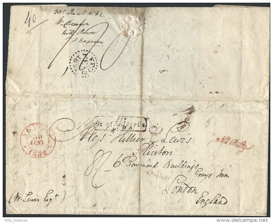 L ANVERS/1832 Pour Londres + "Na Posttijd (Hollandais) + Encad Pointillé Taxation Anglaise "5/D OZ At 5/4per OZ" + 8s - 1830-1849 (Belgio Indipendente)