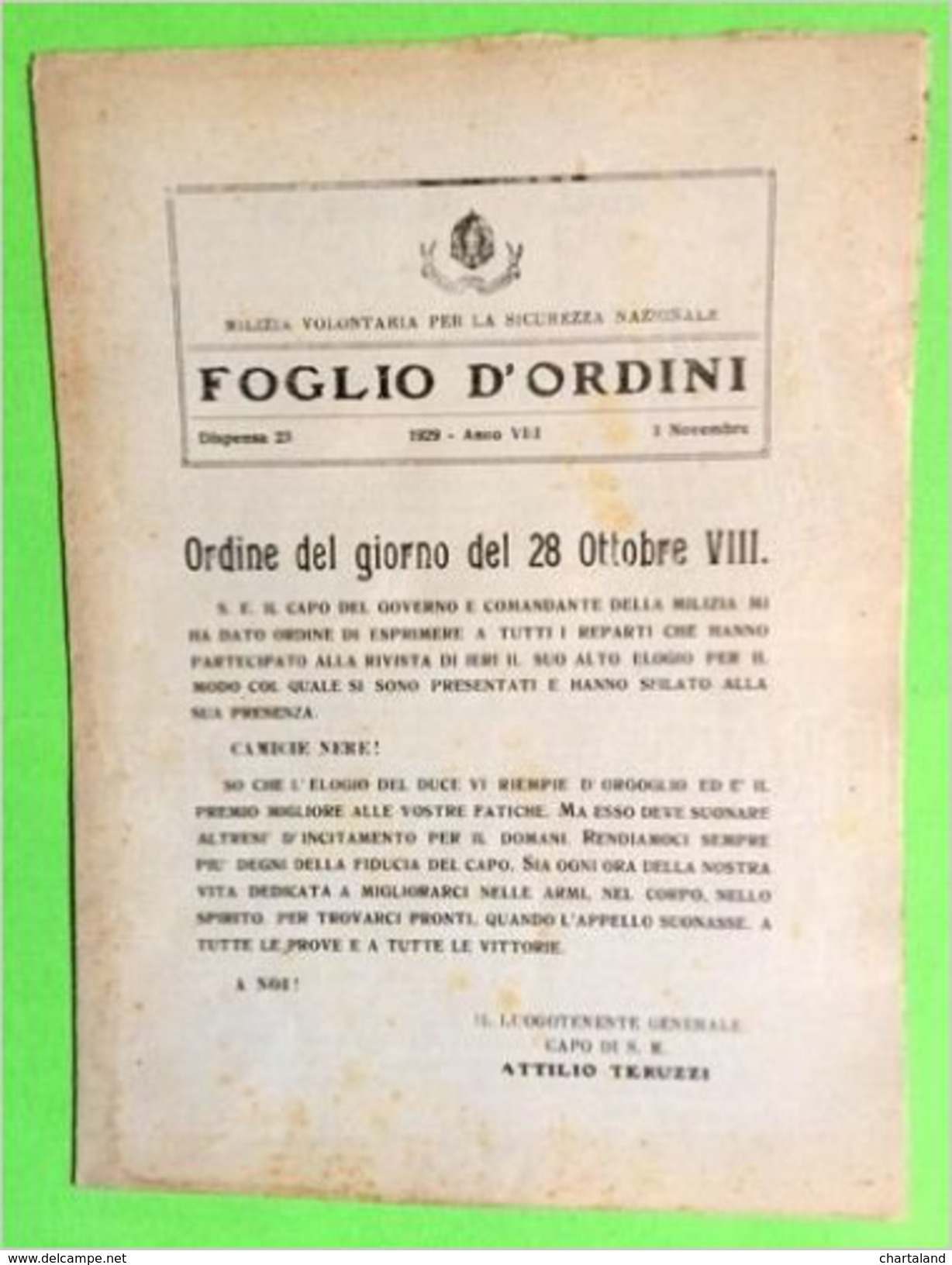 Fascismo MVSN - Foglio D'Ordini - Dispensa N° 23 - 1 Novembre 1929 - Documenti Storici