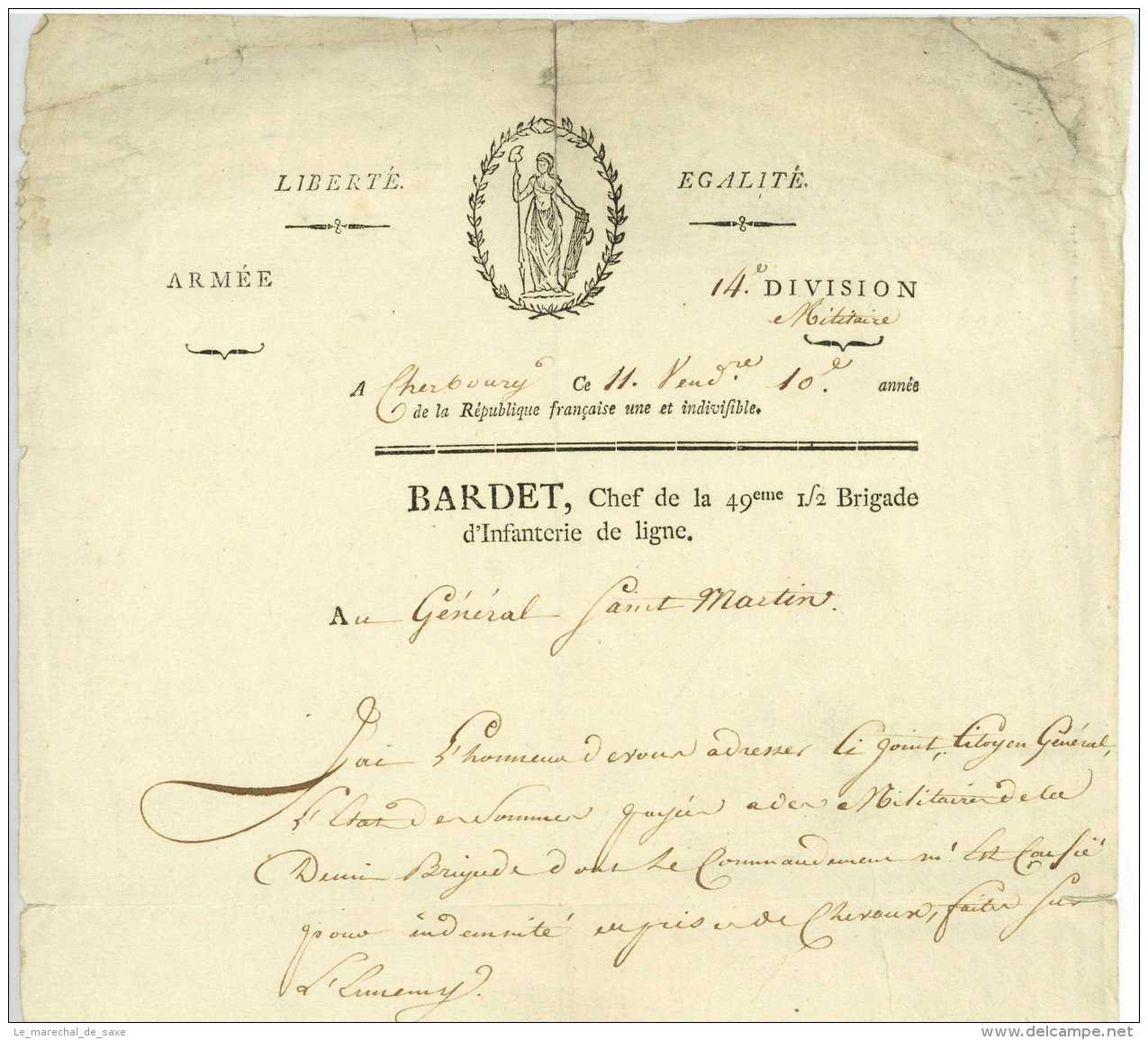 BARDET, Martial, Baron De Maison Rouge (Peyrillac 1764-1837). Général En 1807, Baron De L&rsquo;Empire 1811. CHERBOURG 1 - Historical Documents