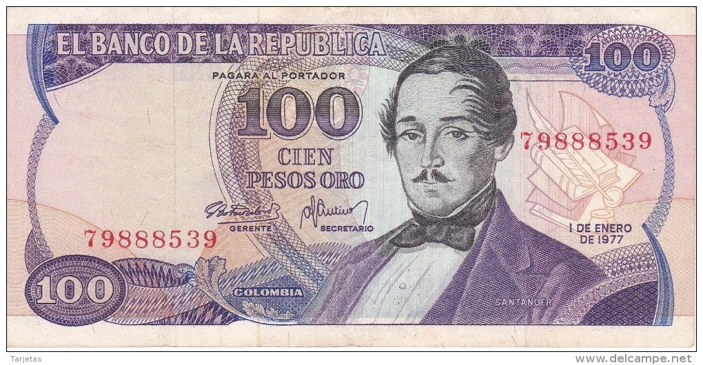 BILLETE DE COLOMBIA DE 100 PESOS DE ORO DEL AÑO 1977   (BANK NOTE) - Colombia