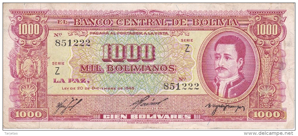 BILLETE DE BOLIVIA DE 1000 BOLIVIANOS DEL AÑO 1945 (BANKNOTE) - Bolivia