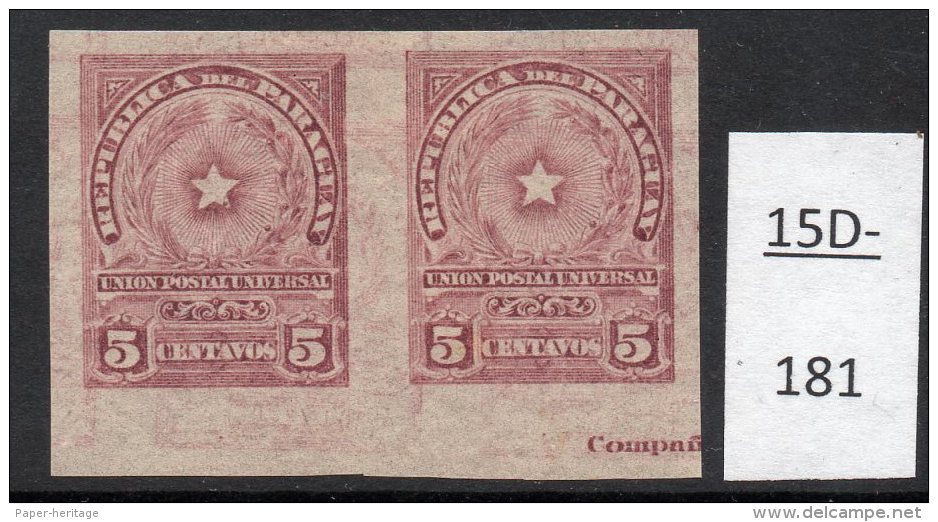 Paraguay 1913 5c Star Imperf Pair MH With Part Of Printer&rsquo;s Imprint. (SG 228 Var) - Paraguay