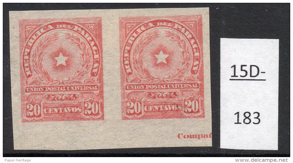 Paraguay 1913 20c Star Imperf Pair MH With Part Of Printer&rsquo;s Imprint. (SG 230 Var) - Paraguay