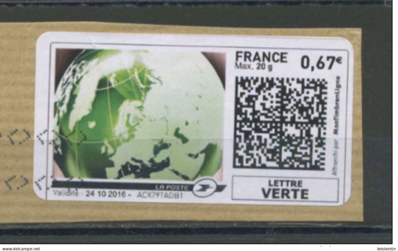 FRANCE - MON TIMBRE À MOI -  VIGNETTE SUR FRAGMENT - 0,67 LETTRE VERTE "GLOBE TERRESTRE" - Other & Unclassified