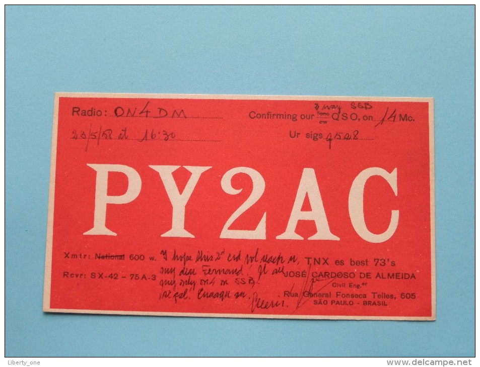 BRASIL ( PY2AC ) CB Radio - José Cardoso De Almeida Sao Paulo - 1958 ( Zie Foto Voor Details ) - Radio Amateur