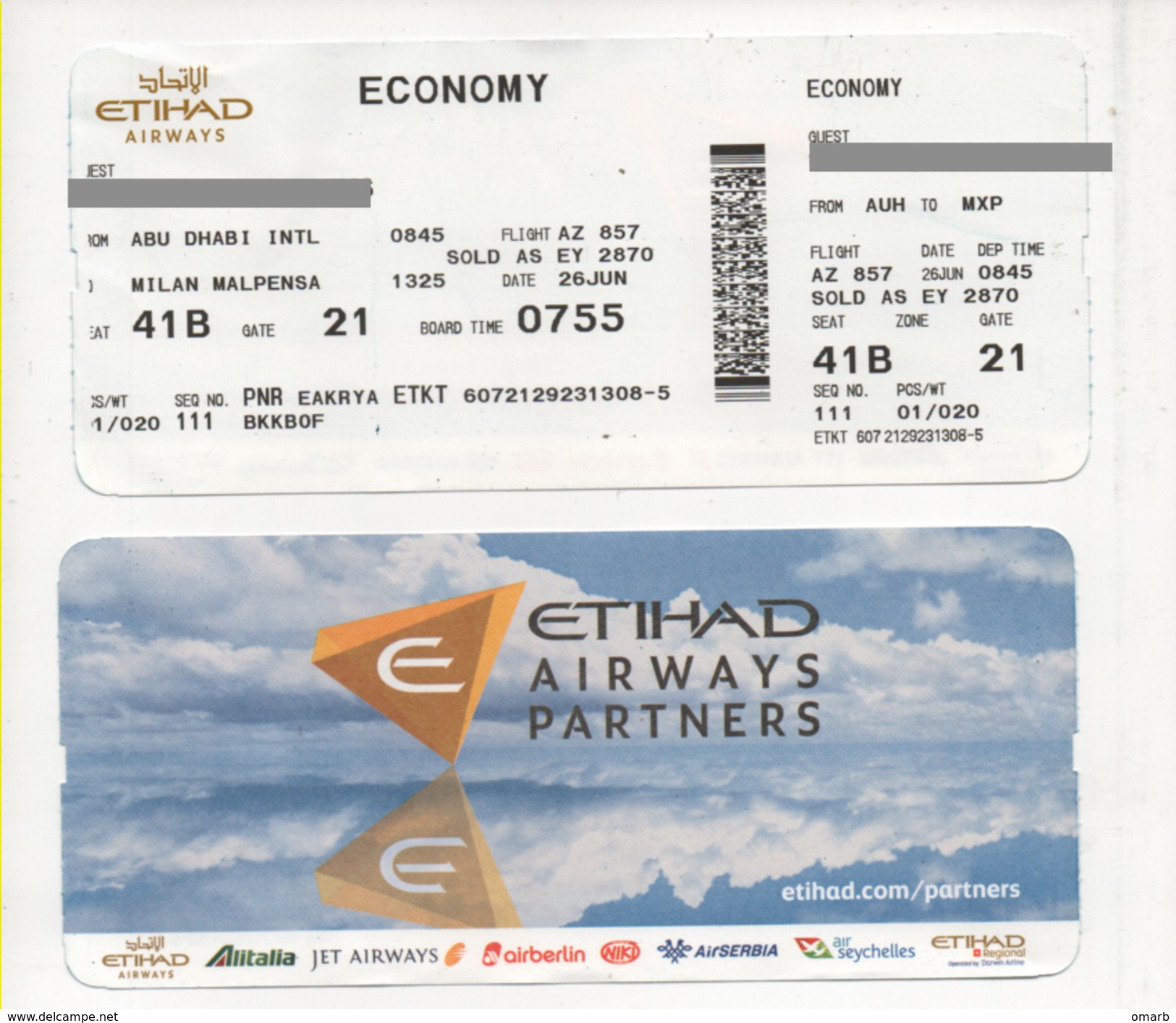 Alt957 Etihad Airways Billets Avion Air Ticket Biglietto Aereo Passenger Abu Dhabi Airport UAE Milano Malpensa Flight - Europe