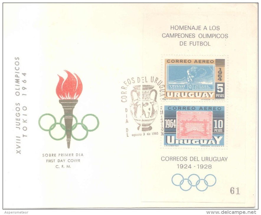 TOKYO TOKIO 1964 JAPAN JAPON OLIMPIADAS OLYMPICS SOBRE FDC FIRST DAY COVER CON RARO BLOQUE NUMERADO URUGUAY - Sommer 1964: Tokio