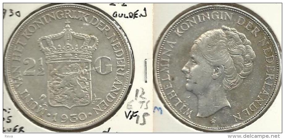 NETHERLANDS 2&1/2 GULDEN SHIELD FRONT WOMAN WILHELMINA BACK 1930 AG SILVER KM165 VF+ READ DESCRIPTION CAREFULLY !!! - 2 1/2 Florín Holandés (Gulden)