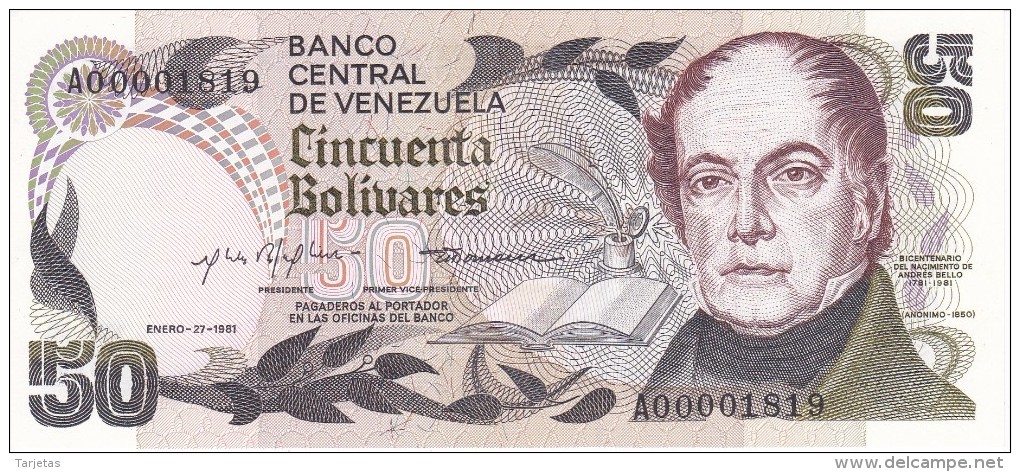 BILLETE DE VENEZUELA DE 50 BOLIVARES DEL AÑO 1981 SERIE A Nº MUY BAJO 1819 (BANKNOTE) SIN CIRCULAR-UNCIRCULATED - Venezuela