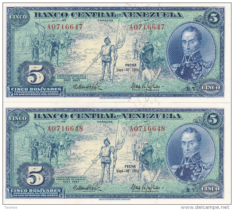 PAREJA CORRELATIVA DE VENEZUELA DE 5 BOLIVARES DEL AÑO 1966 CALIDAD EBC (XF) (BANKNOTE) RARO - Venezuela