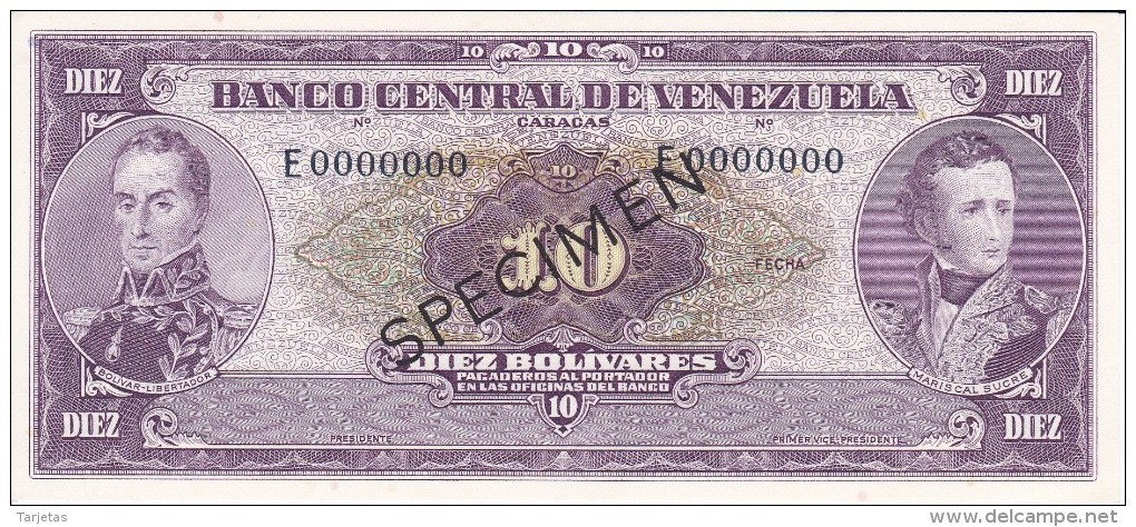 PICK 42 SPECIMEN DE VENEZUELA DE 10 BOLIVARES DEL AÑO 1961 SIN CIRCULAR-UNCIRCULATED (BANKNOTE) MUY RARO - Venezuela