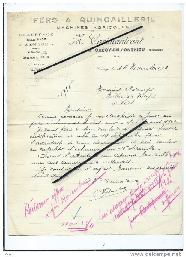 Lettre - Fers & Quincaillerie - Machines Agricoles - M.Carimantrant à Crécy En Ponthieu - Agriculture