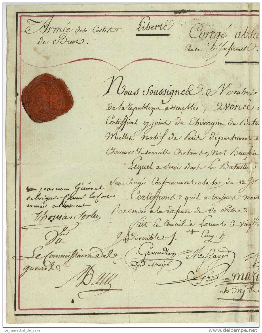 ARMEE DES COTES DE BREST &ndash; PREMIER BATAILLON DES AMIS DE LA REPUBLIQUE &ndash; Lorient 1794 General SORLUS - Documenti Storici