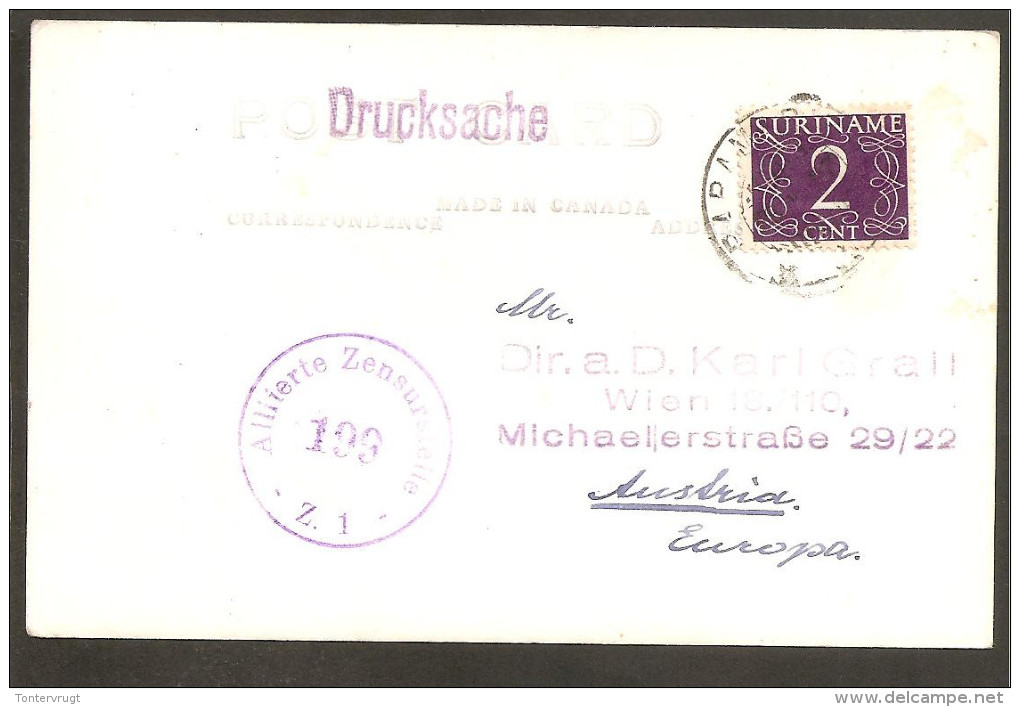 Paramaribo. Palmenlaan. Photo Card. Stamp 2ct Van Krimpen. Censor Austria - Suriname