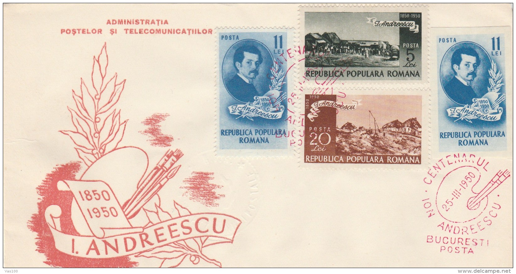 #BV3901  I. ANDREESCU PAINTER, POSTAL AND TELECOMMUNICATION ADMINISTRATION, FDC , 1950, ROMANIA. - FDC