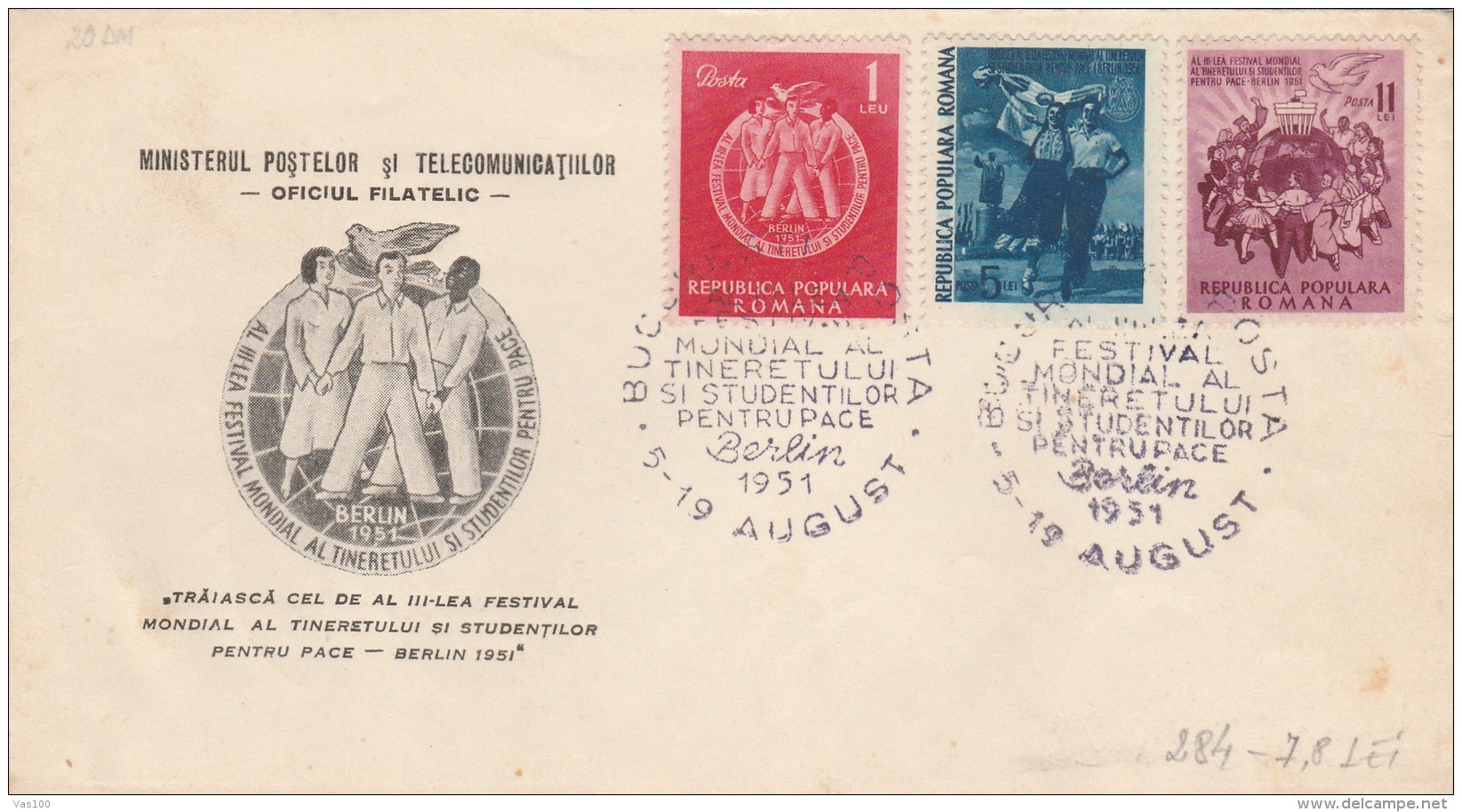 #BV3902 WORLD YOUTH AND STUDENT FESTIVAL, POSTAL AND TELECOMMUNICATION ADMINISTRATION, FDC , 1951, ROMANIA. - FDC