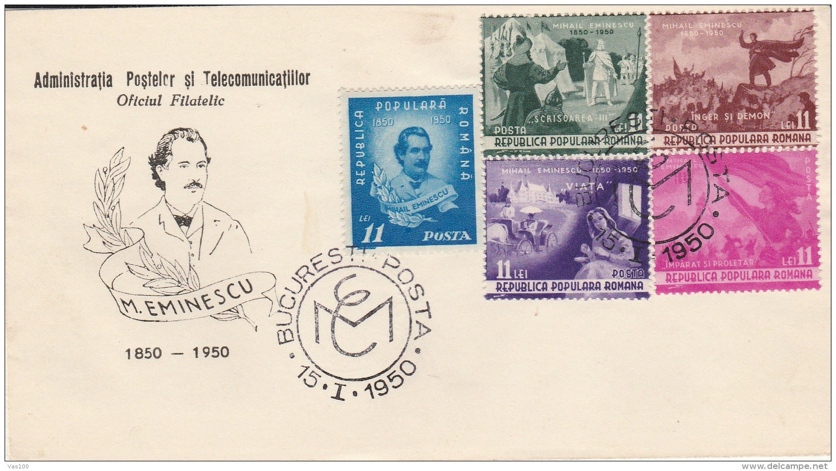 #BV3903  MIHAI EMINESCU, POSTAL AND TELECOMMUNICATION ADMINISTRATION, FDC , 1950, ROMANIA. - FDC