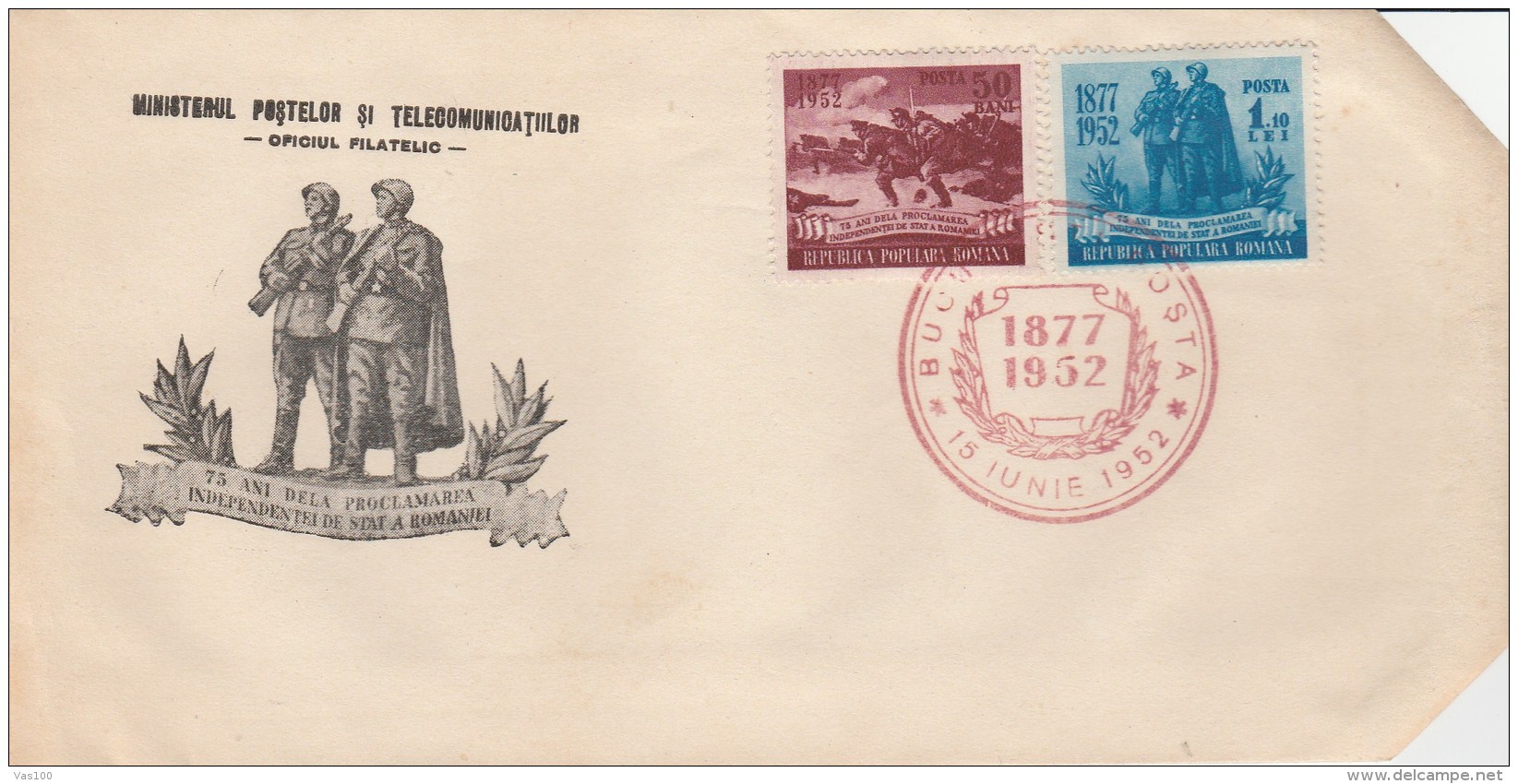 #BV3908 SOLDIERS, ROMANIAN INDEPENCENCE, POST AND TELECOMMUNICATION, COVER FDC , 1977, ROMANIA. - FDC