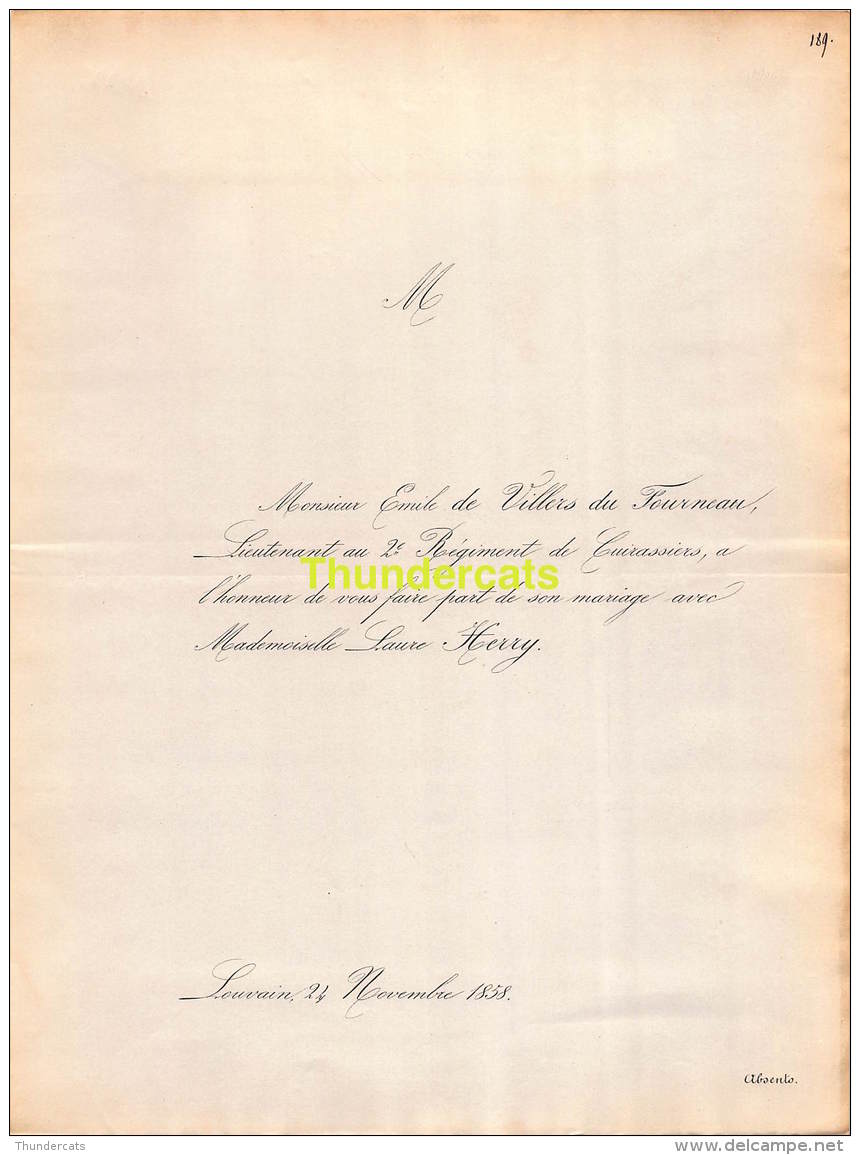 FAIRE PART MARIAGE 1858 EMILE DE VILLERS DU FOURNEAU LAURE HERRY LOUVAIN - Mariage