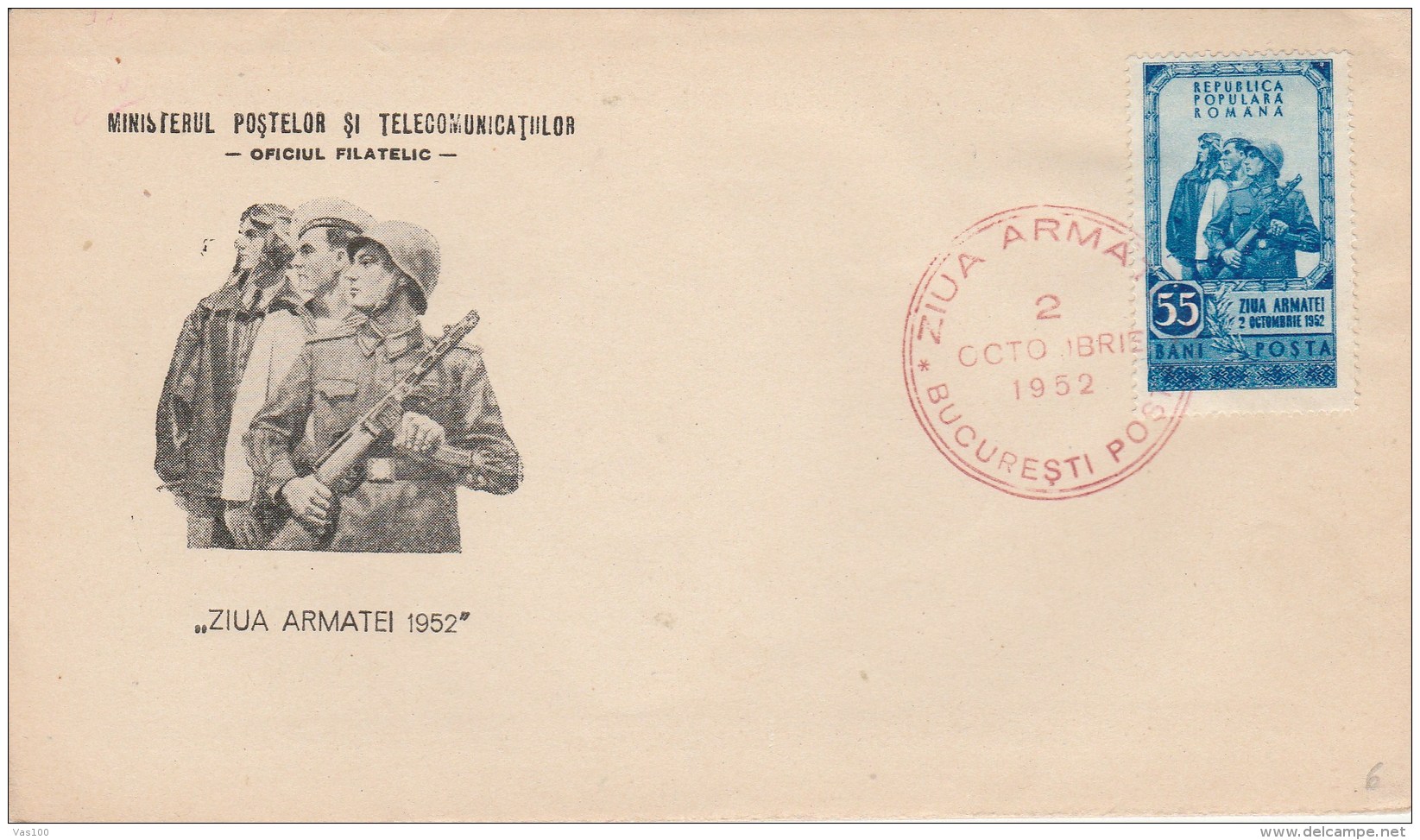 #BV3911  SOLDIERS, ARMY, ARMY DAY, R.P.R. , COVER FDC , 1952, ROMANIA. - FDC