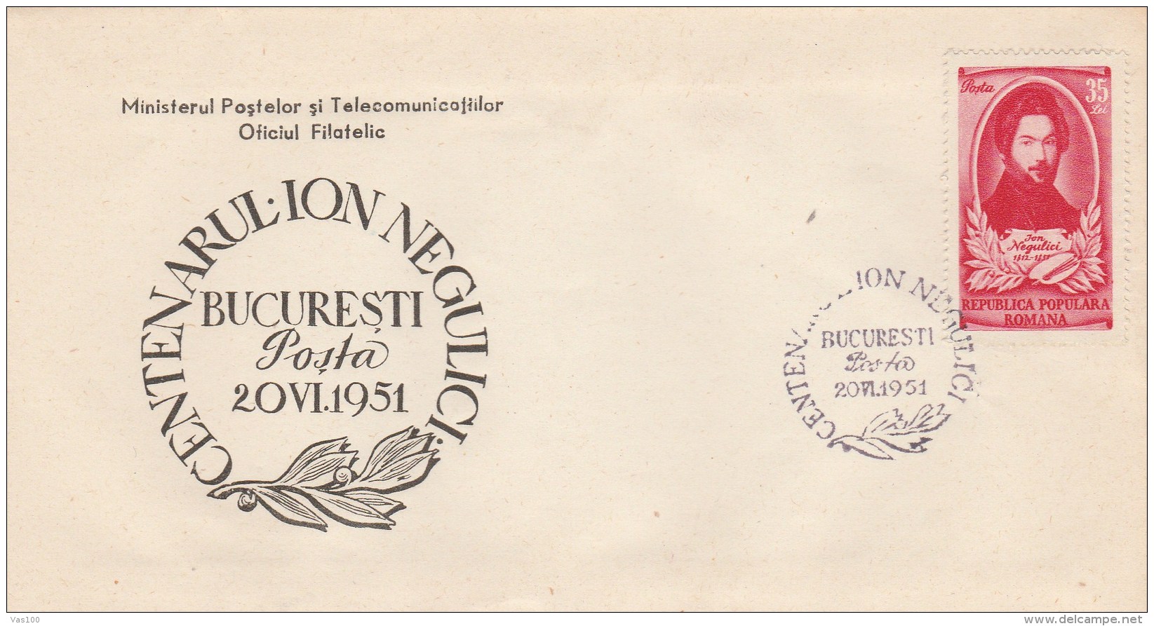 #BV3914  ION NEGULICI, CENTENARY , COVER FDC , 1951, ROMANIA. - FDC