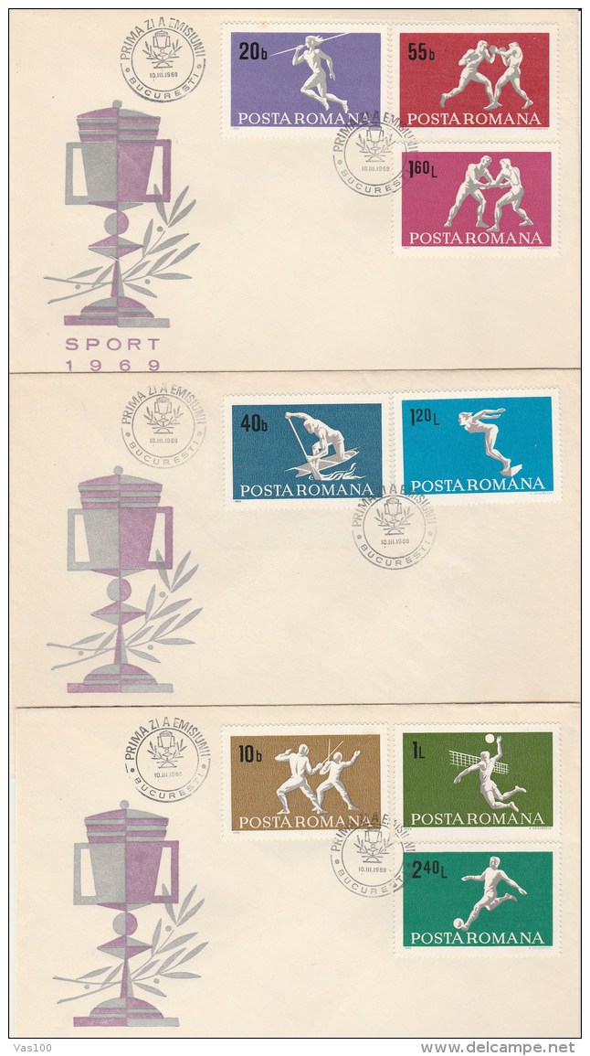 #BV3921  SPORT, ROWING, BOXING, SOCCER , FDC X 3  , 1969, ROMANIA. - FDC