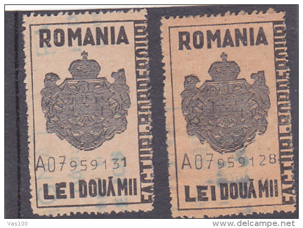 #200  JUDICIAL STAMPS, REVENUE STAMP, COAT OF ARMS, 2 000 LEI, TWO STAMPS, DIFFERENT COLOUR, ROMANIA. - Fiscale Zegels