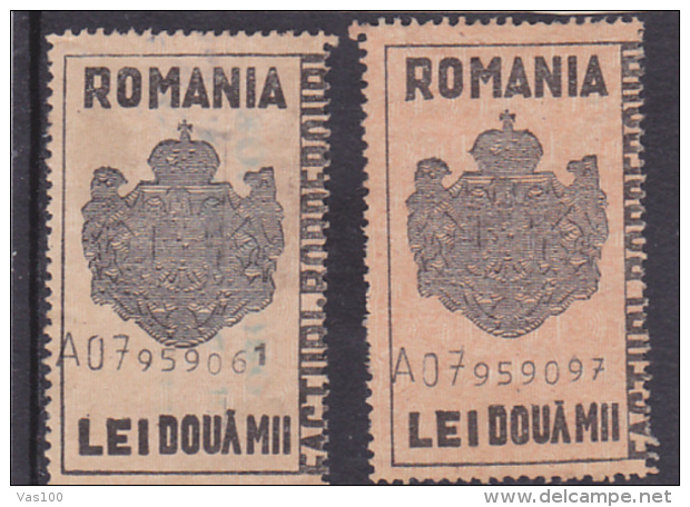 #200  JUDICIAL STAMPS, REVENUE STAMP, COAT OF ARMS, 2 000 LEI, TWO STAMPS, DIFFERENT COLOUR, ROMANIA. - Steuermarken