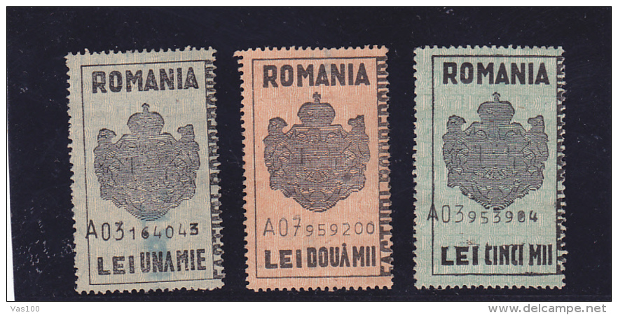 #200  JUDICIAL STAMPS, REVENUE STAMP, COAT OF ARMS, 1 000,2 000 , 5 000 LEI,  THREE STAMPS, ROMANIA. - Fiscale Zegels