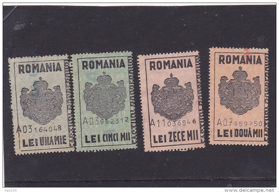 #200  JUDICIAL STAMPS, REVENUE STAMP, COAT OF ARMS, 1 000,2 000 , 5 000, 10 000 LEI,  FOUR STAMPS, ROMANIA. - Fiscale Zegels