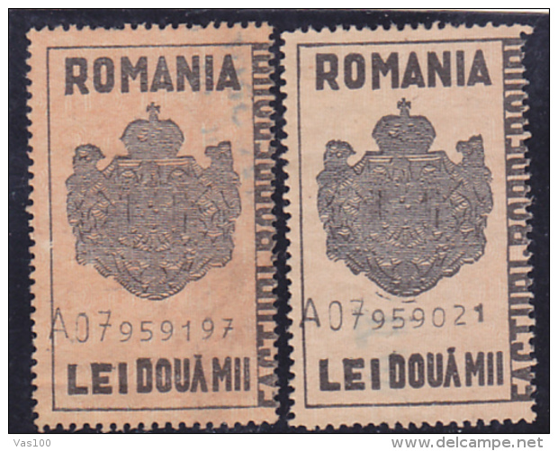 #200  JUDICIAL STAMPS, REVENUE STAMP, COAT OF ARMS, 2 000 LEI,  TWO STAMPS, DIFERENT COLOUR, ROMANIA. - Fiscale Zegels