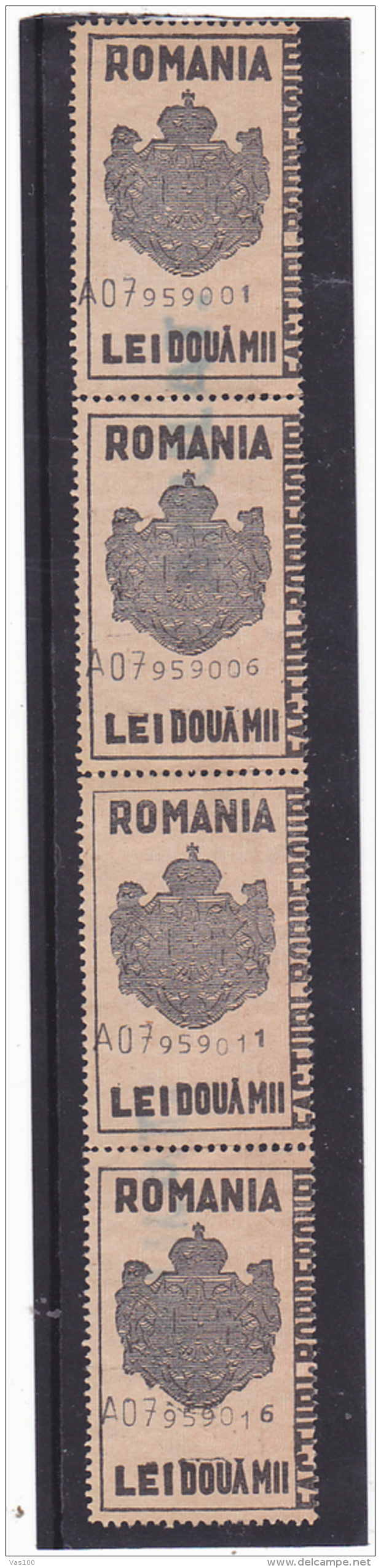 #200  JUDICIAL STAMPS, REVENUE STAMP, COAT OF ARMS, 2 000 LEI,  FOUR STAMPS, ROMANIA. - Fiscale Zegels
