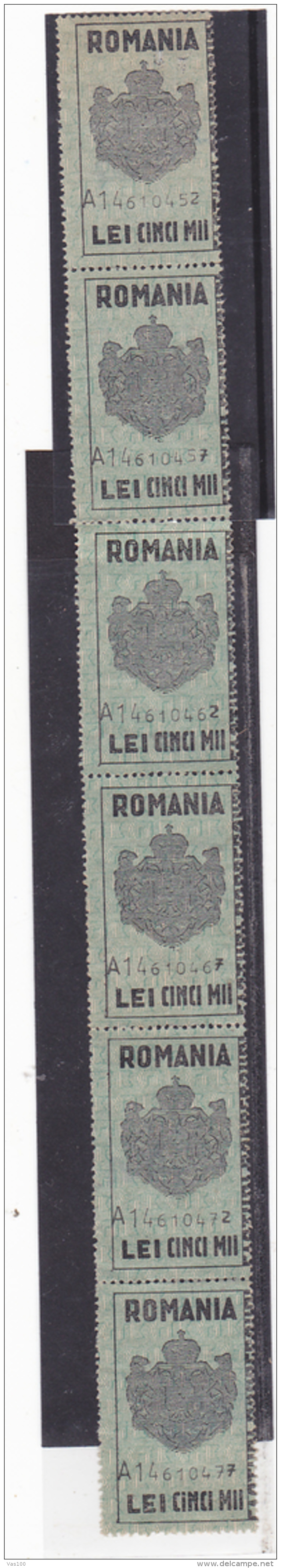 #200  JUDICIAL STAMPS, REVENUE STAMP, COAT OF ARMS, 5 000 LEI, SIX STAMPS, ROMANIA. - Fiscale Zegels