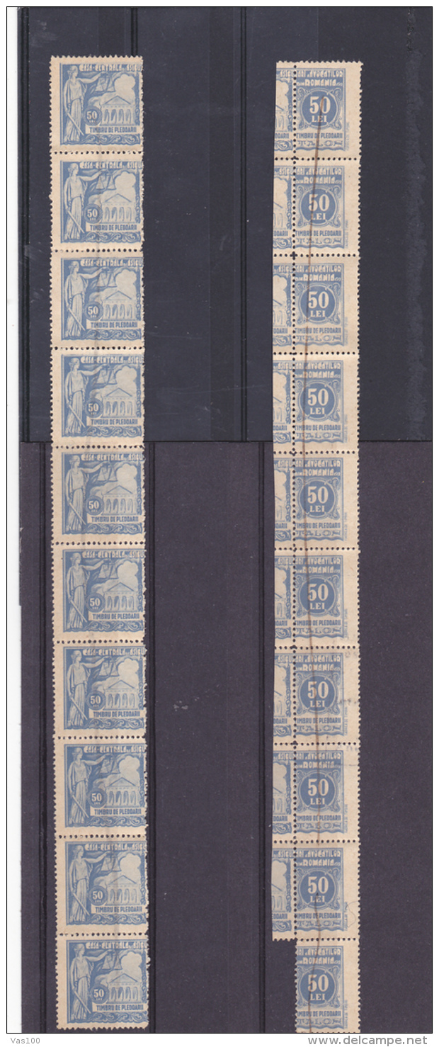 #200  JUDICIAL STAMPS, REVENUE STAMP, 50 LEI, 10 STAMPS, RIPED APART, ROMANIA. - Fiscale Zegels